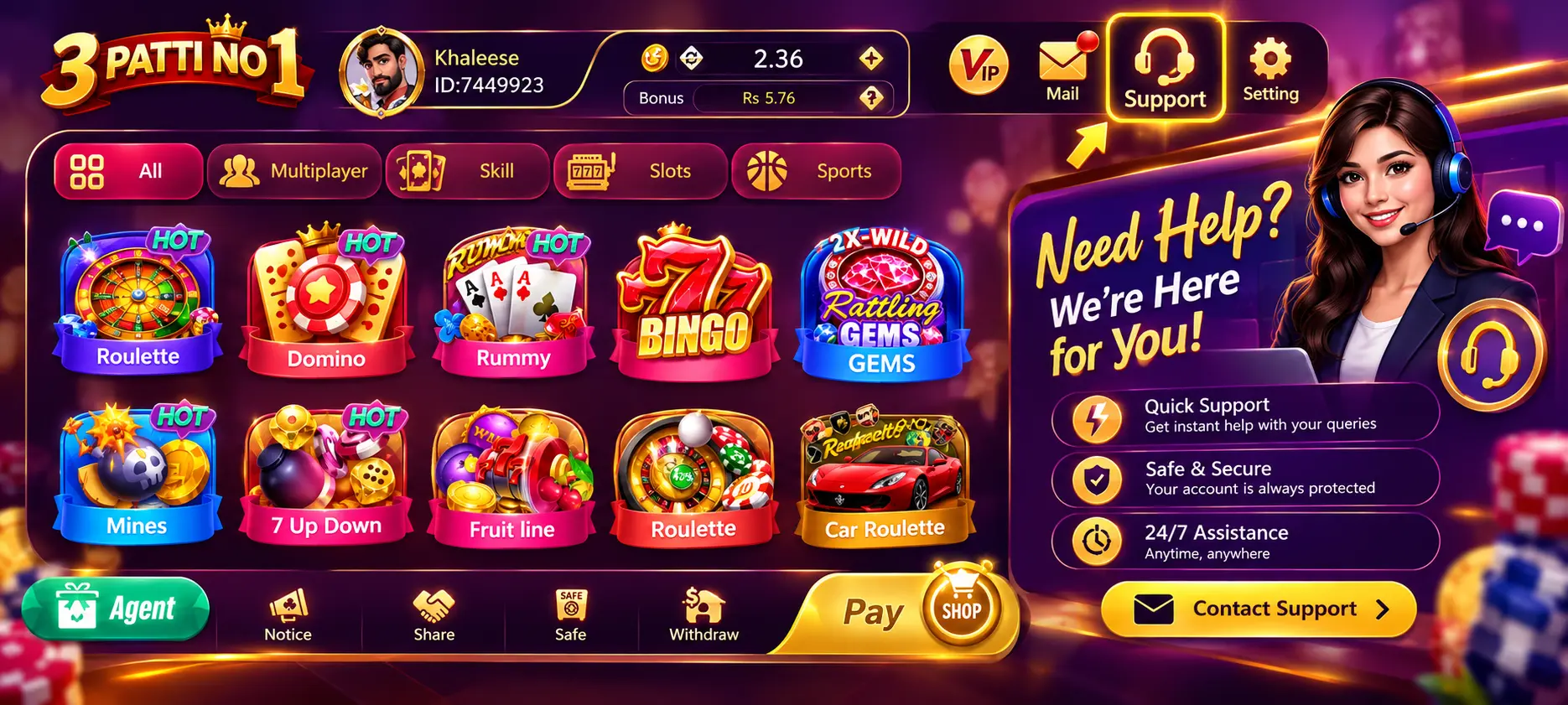 3 Patti No 1 Customer Support deposit and withdrawal assistance