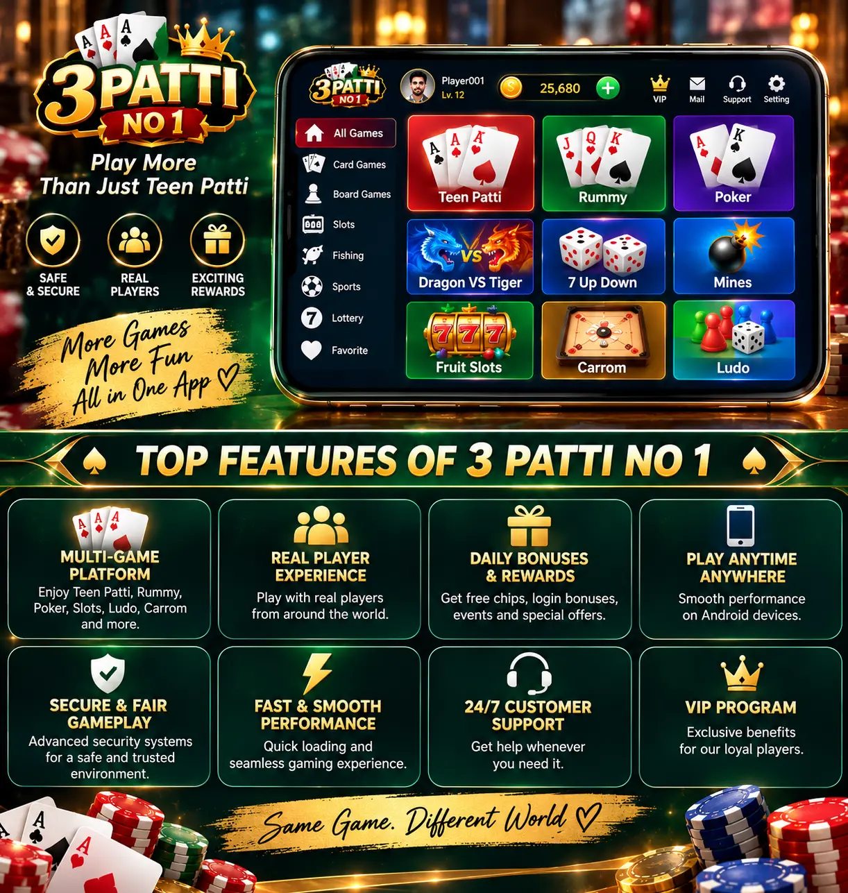 3 Patti No 1 Features games and categories