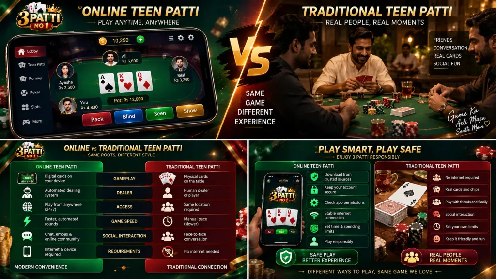 Online Teen Patti vs Traditional Teen Patti digital and physical table