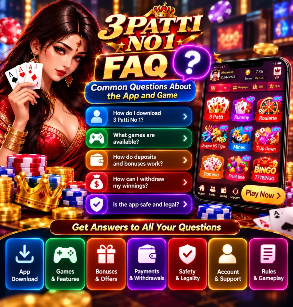 3 Patti No 1 FAQ games and app interface